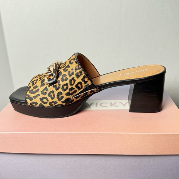 Lisa Vicky Magnetic3V Cognac Leopard Slip On Heel Sandal Gold Chain 7M New - Picture 4 of 8